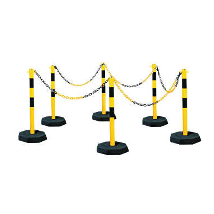Kettenpfostenset Höhe 860 mm, bestehend aus je 6 Kettenpfosten Kunststoff gelb-schwarz Ø 40